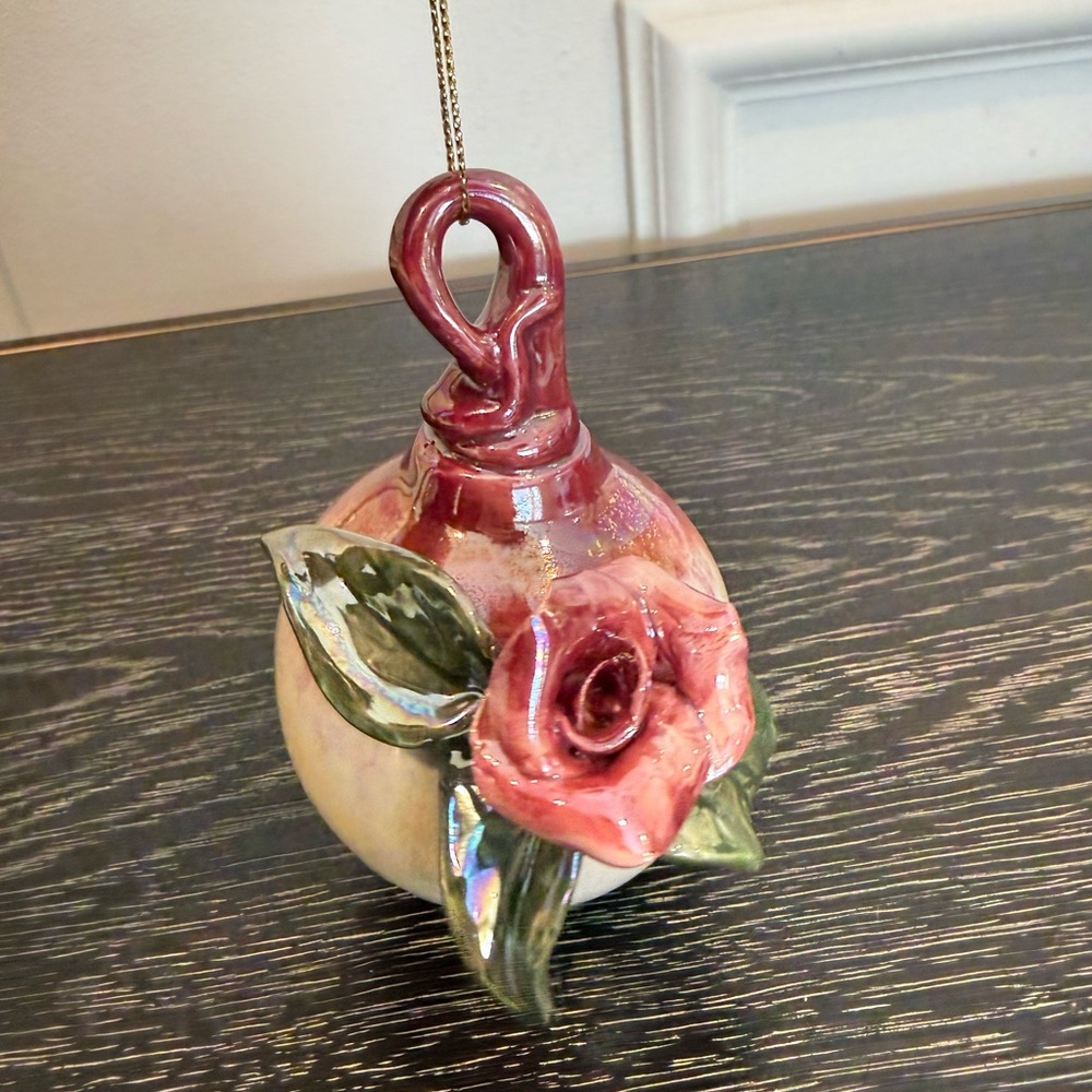 Blue Sky Pottery Ball Ornament Pink Rose Iridescent Glazed Farmhouse Cottagecore